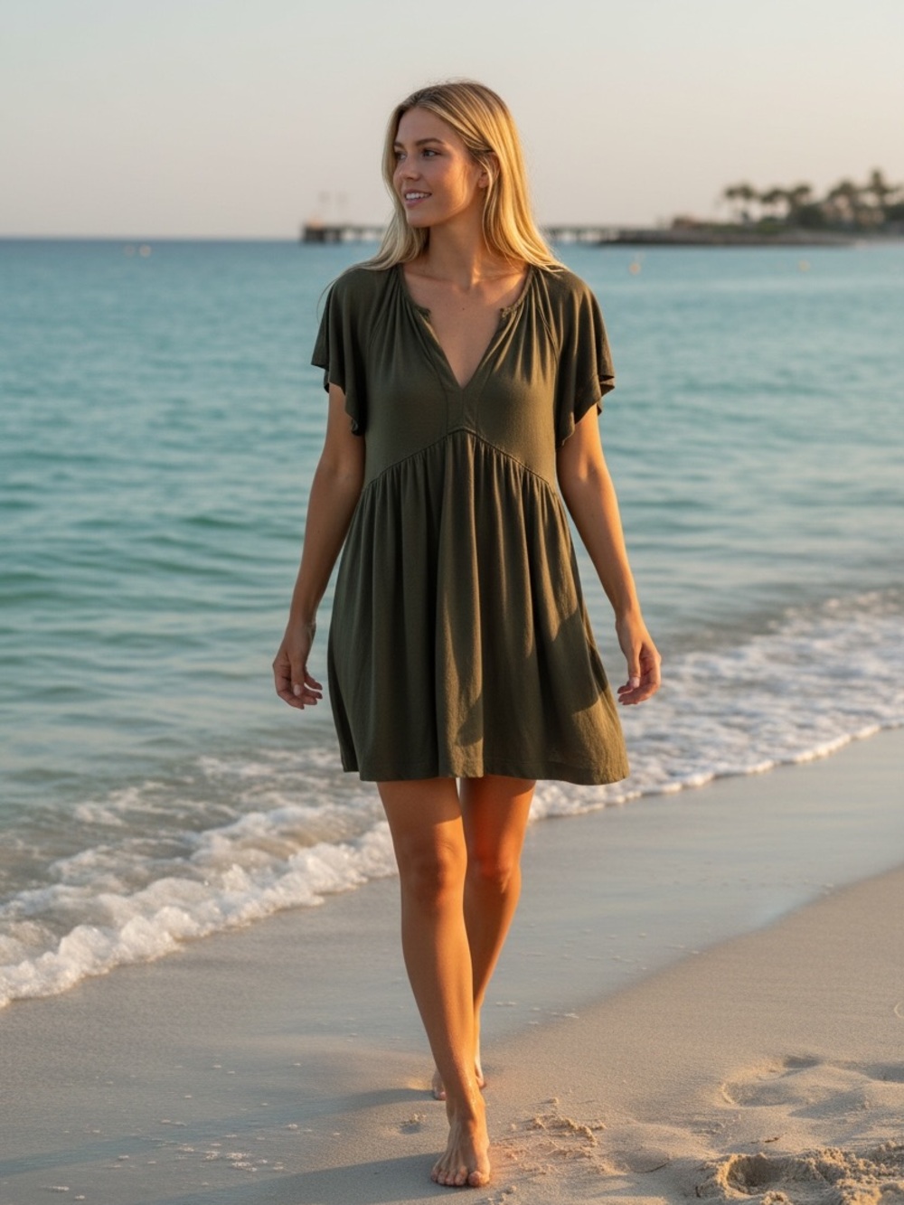 Universal Thread Olive Green V-Neck Short Sleeve Mini Dress with pockets - Picture 4 of 4
